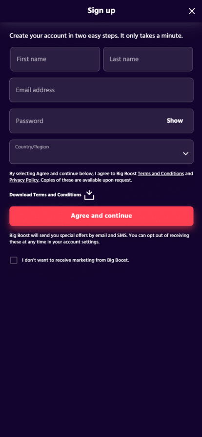 sign up at bigboost with basic information